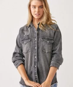 SexyModest Boutique Loretta Gray Denim Shirt Tops